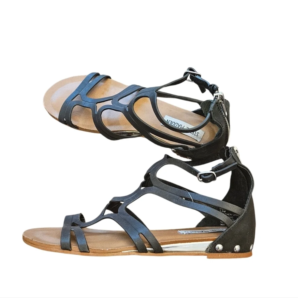 Steve Madden Black Strappy Sandals Delta Gladiator Leather Womens 6.5